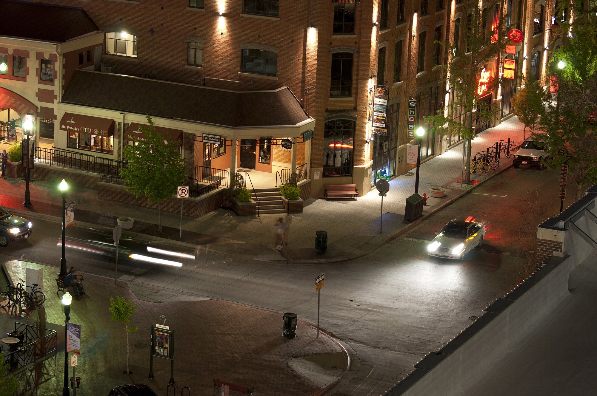 BoDo district buildings and streetlights at dusk in downtown Boise